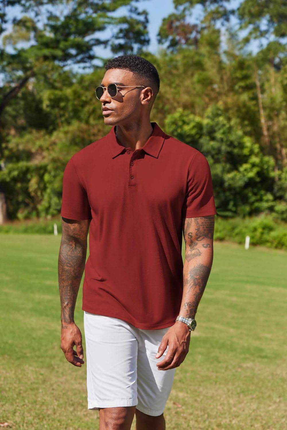 imageCOOFANDY Mens Cotton Polo Shirt Short Sleeve Golf Shirts 3 Buttons Casual Work T ShirtsRed