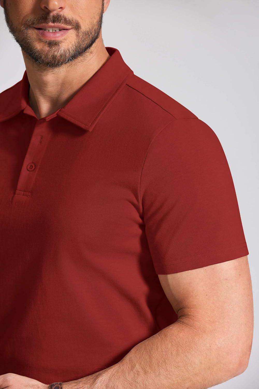 imageCOOFANDY Mens Cotton Polo Shirt Short Sleeve Golf Shirts 3 Buttons Casual Work T ShirtsRed