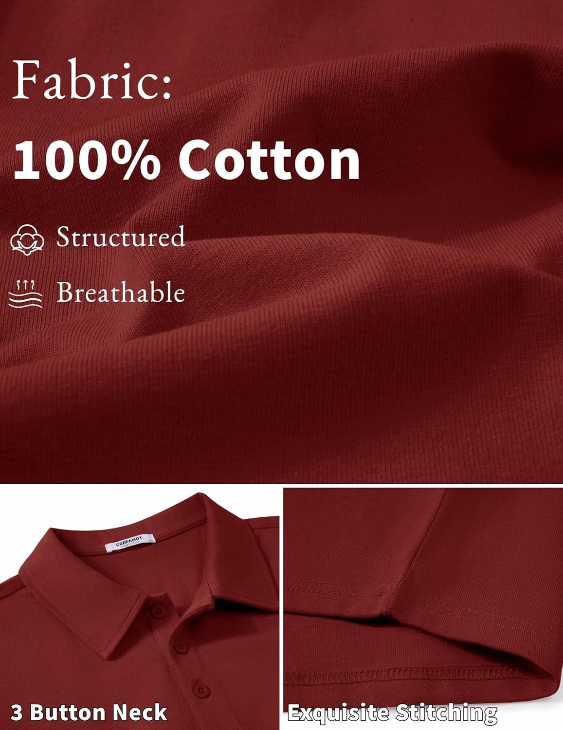 imageCOOFANDY Mens Cotton Polo Shirt Short Sleeve Golf Shirts 3 Buttons Casual Work T ShirtsRed