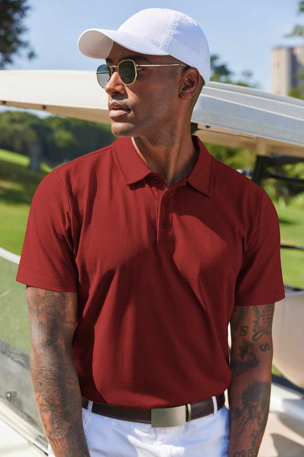 imageCOOFANDY Mens Cotton Polo Shirt Short Sleeve Golf Shirts 3 Buttons Casual Work T ShirtsRed