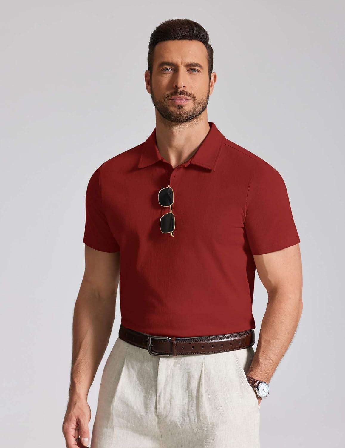 imageCOOFANDY Mens Cotton Polo Shirt Short Sleeve Golf Shirts 3 Buttons Casual Work T ShirtsRed