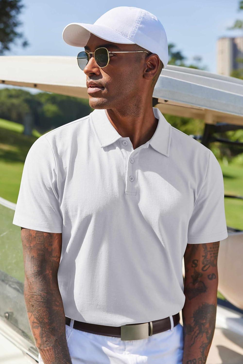 imageCOOFANDY Mens Cotton Polo Shirt Short Sleeve Golf Shirts 3 Buttons Casual Work T ShirtsWhite