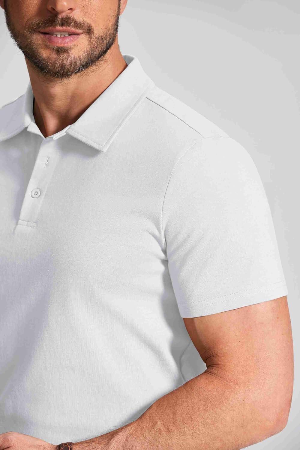 imageCOOFANDY Mens Cotton Polo Shirt Short Sleeve Golf Shirts 3 Buttons Casual Work T ShirtsWhite