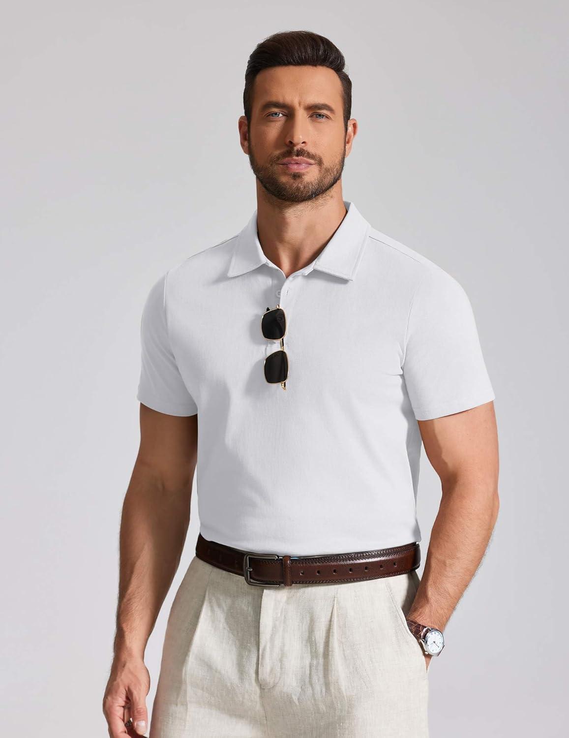 imageCOOFANDY Mens Cotton Polo Shirt Short Sleeve Golf Shirts 3 Buttons Casual Work T ShirtsWhite