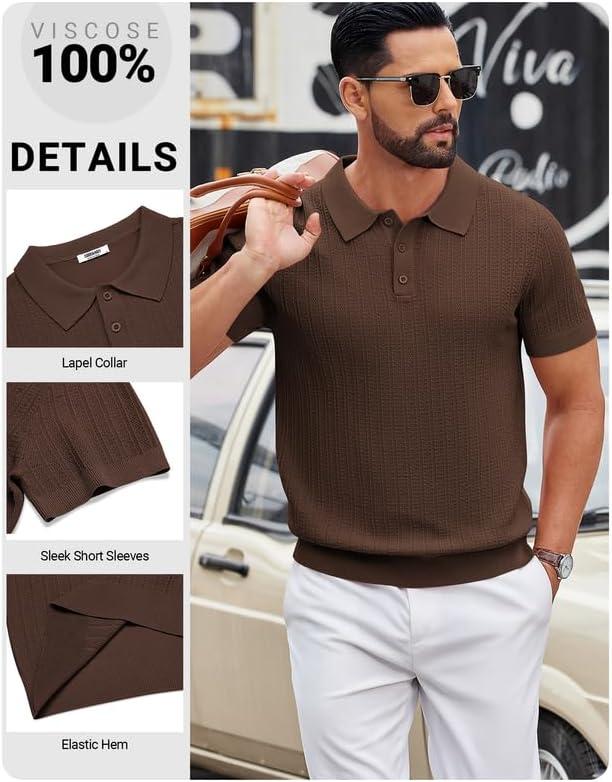 imageCOOFANDY Mens Knit Polo Shirts Short Sleeve Slim Fit Textured Golf Polo Shirt Casual Summer Vacation TShirtsBrown