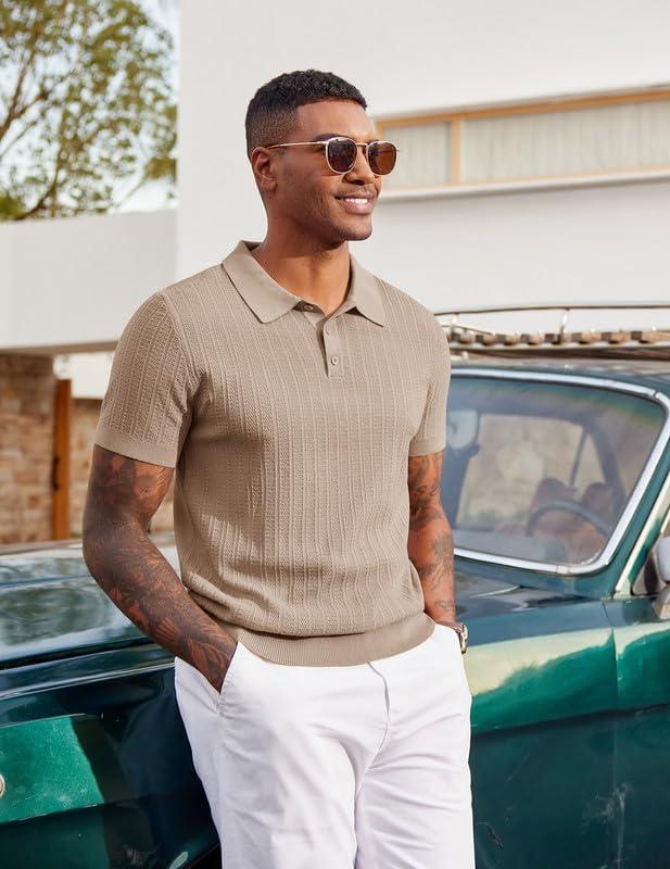 imageCOOFANDY Mens Knit Polo Shirts Short Sleeve Slim Fit Textured Golf Polo Shirt Casual Summer Vacation TShirtsKhaki