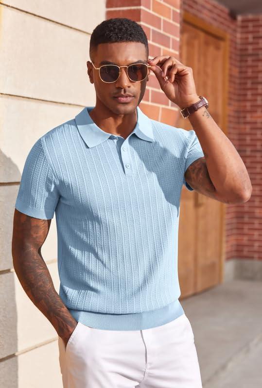 imageCOOFANDY Mens Knit Polo Shirts Short Sleeve Slim Fit Textured Golf Polo Shirt Casual Summer Vacation TShirtsLight Blue