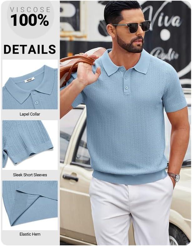 imageCOOFANDY Mens Knit Polo Shirts Short Sleeve Slim Fit Textured Golf Polo Shirt Casual Summer Vacation TShirtsLight Blue