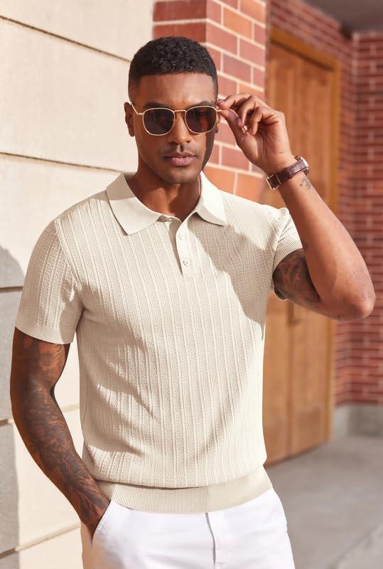 imageCOOFANDY Mens Knit Polo Shirts Short Sleeve Slim Fit Textured Golf Polo Shirt Casual Summer Vacation TShirtsLight Khaki