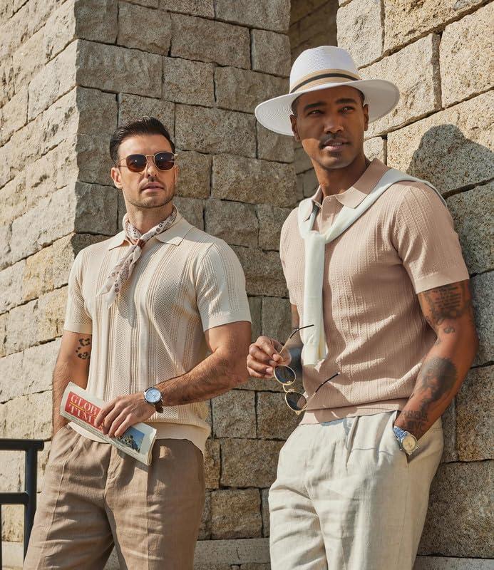 imageCOOFANDY Mens Knit Polo Shirts Short Sleeve Slim Fit Textured Golf Polo Shirt Casual Summer Vacation TShirtsLight Khaki