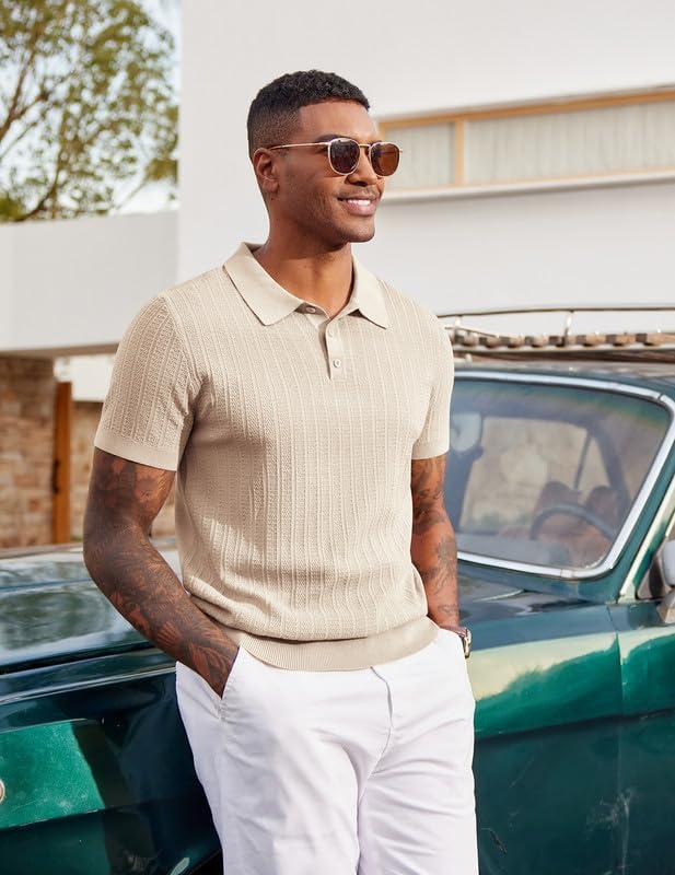 imageCOOFANDY Mens Knit Polo Shirts Short Sleeve Slim Fit Textured Golf Polo Shirt Casual Summer Vacation TShirtsLight Khaki