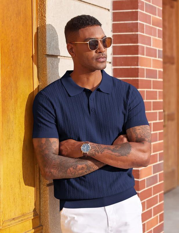 imageCOOFANDY Mens Knit Polo Shirts Short Sleeve Slim Fit Textured Golf Polo Shirt Casual Summer Vacation TShirtsNavy Blue