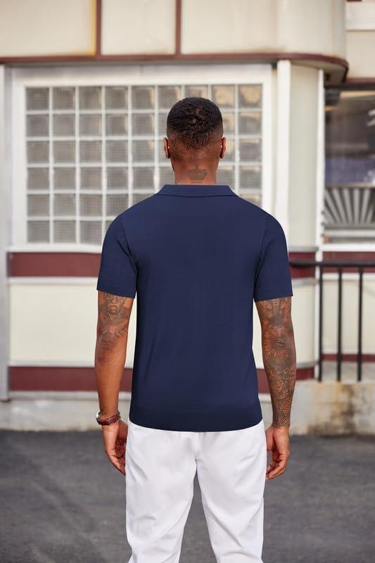 imageCOOFANDY Mens Knit Polo Shirts Short Sleeve Slim Fit Textured Golf Polo Shirt Casual Summer Vacation TShirtsNavy Blue