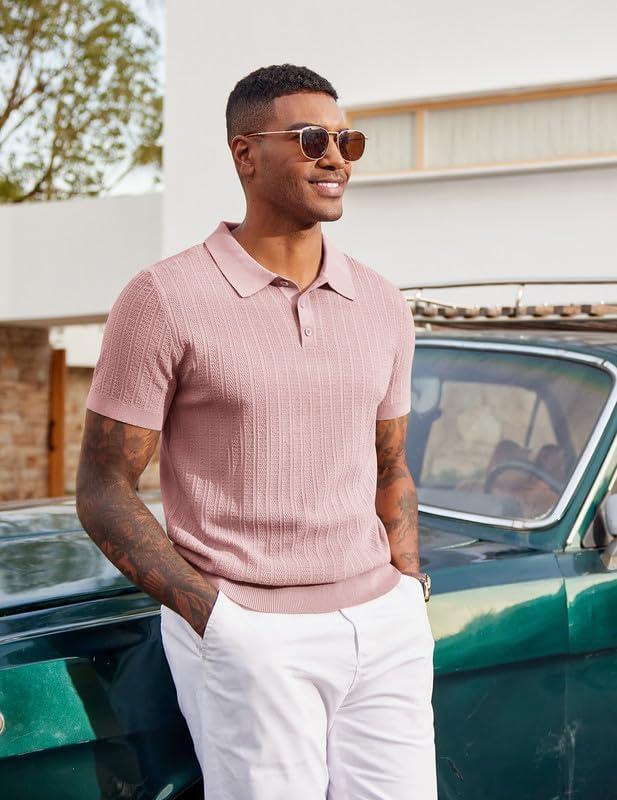 imageCOOFANDY Mens Knit Polo Shirts Short Sleeve Slim Fit Textured Golf Polo Shirt Casual Summer Vacation TShirtsPink
