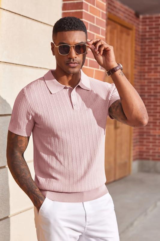 imageCOOFANDY Mens Knit Polo Shirts Short Sleeve Slim Fit Textured Golf Polo Shirt Casual Summer Vacation TShirtsPink