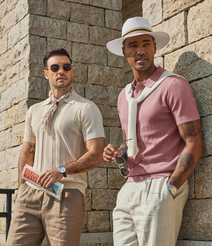 imageCOOFANDY Mens Knit Polo Shirts Short Sleeve Slim Fit Textured Golf Polo Shirt Casual Summer Vacation TShirtsPink