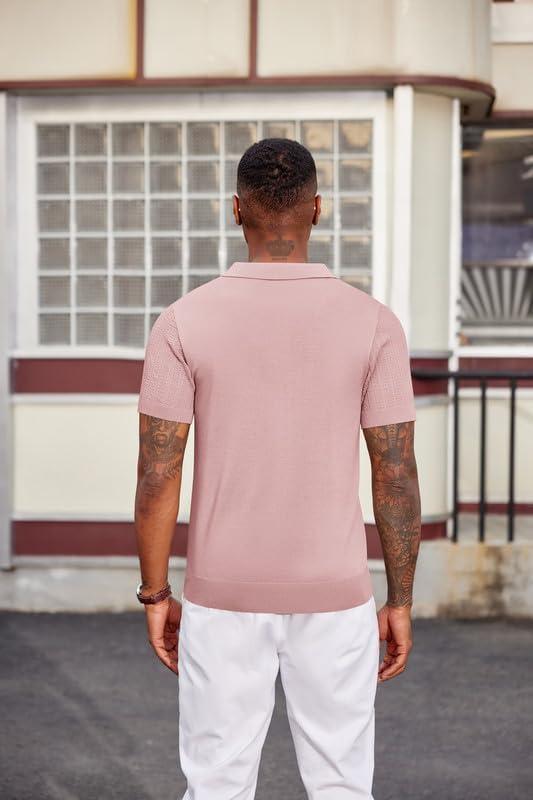 imageCOOFANDY Mens Knit Polo Shirts Short Sleeve Slim Fit Textured Golf Polo Shirt Casual Summer Vacation TShirtsPink
