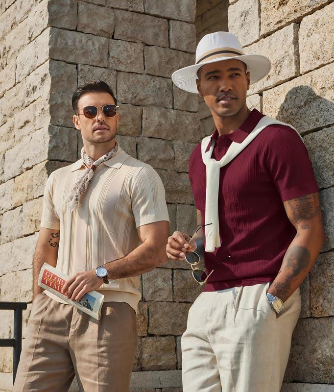 imageCOOFANDY Mens Knit Polo Shirts Short Sleeve Slim Fit Textured Golf Polo Shirt Casual Summer Vacation TShirtsWine Red
