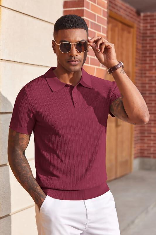 imageCOOFANDY Mens Knit Polo Shirts Short Sleeve Slim Fit Textured Golf Polo Shirt Casual Summer Vacation TShirtsWine Red