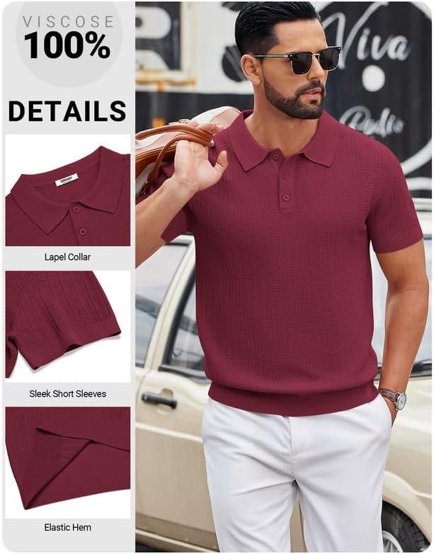 imageCOOFANDY Mens Knit Polo Shirts Short Sleeve Slim Fit Textured Golf Polo Shirt Casual Summer Vacation TShirtsWine Red