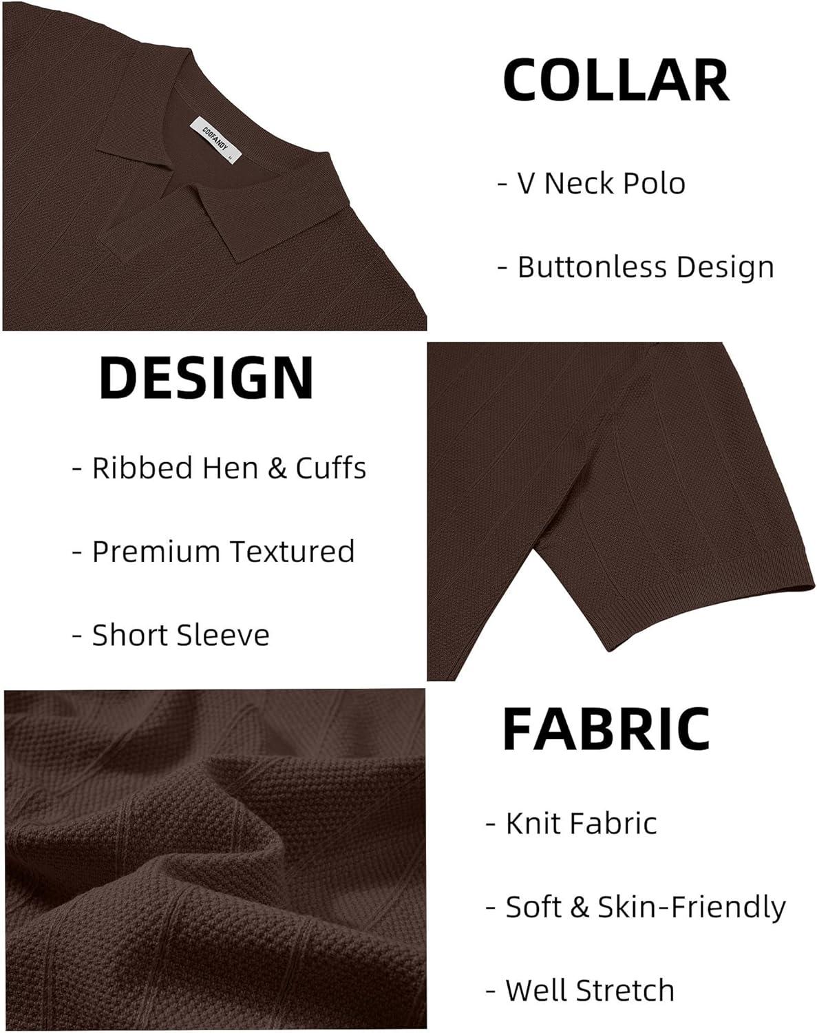 imageCOOFANDY Mens Knit Polo Shirts V Neck Short Sleeve Ribbed Textured Polo Shirt Stretch Casual Golf Shirts Collared T ShirtBrown