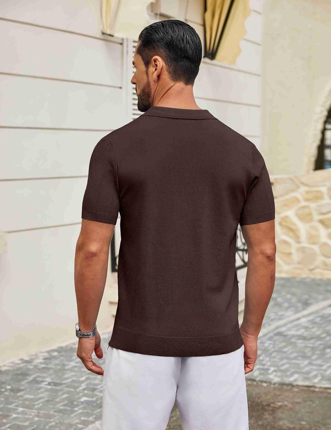 imageCOOFANDY Mens Knit Polo Shirts V Neck Short Sleeve Ribbed Textured Polo Shirt Stretch Casual Golf Shirts Collared T ShirtBrown