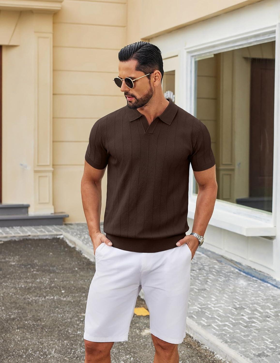 imageCOOFANDY Mens Knit Polo Shirts V Neck Short Sleeve Ribbed Textured Polo Shirt Stretch Casual Golf Shirts Collared T ShirtBrown