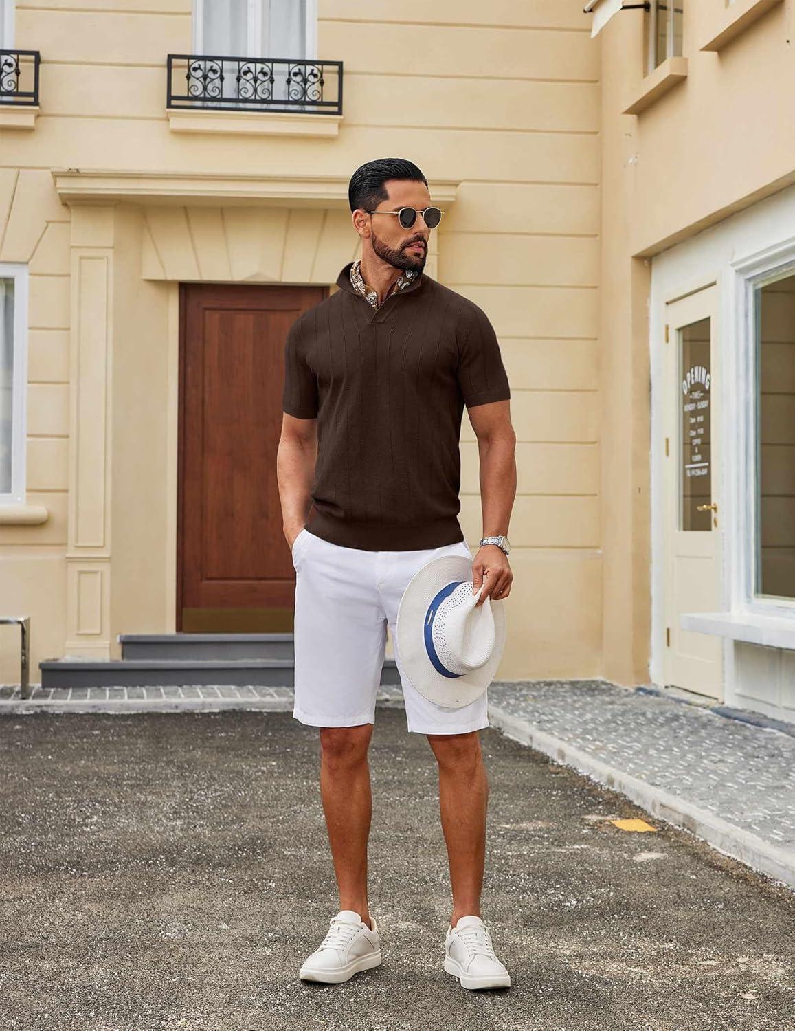 imageCOOFANDY Mens Knit Polo Shirts V Neck Short Sleeve Ribbed Textured Polo Shirt Stretch Casual Golf Shirts Collared T ShirtBrown