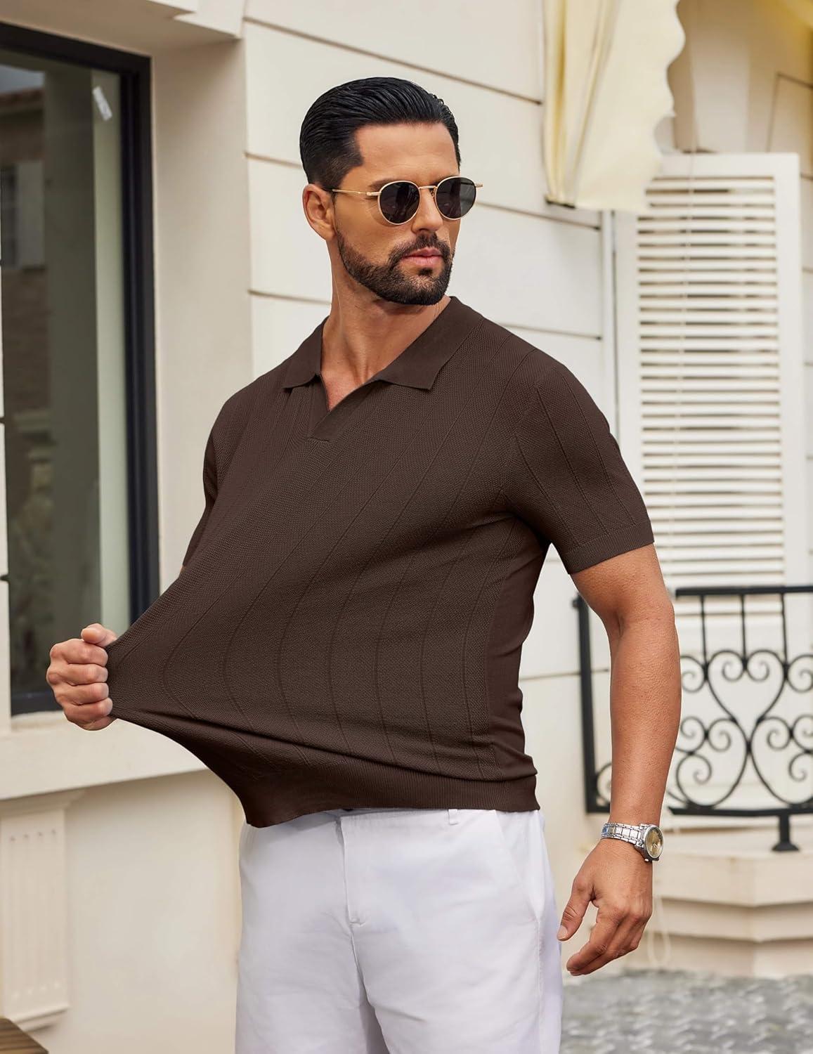 imageCOOFANDY Mens Knit Polo Shirts V Neck Short Sleeve Ribbed Textured Polo Shirt Stretch Casual Golf Shirts Collared T ShirtBrown