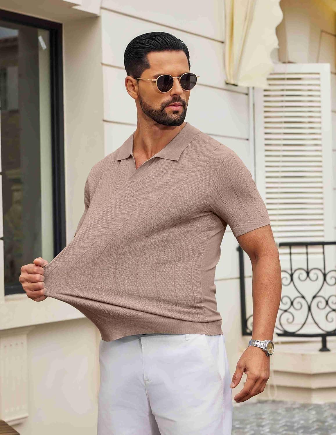imageCOOFANDY Mens Knit Polo Shirts V Neck Short Sleeve Ribbed Textured Polo Shirt Stretch Casual Golf Shirts Collared T ShirtKhaki