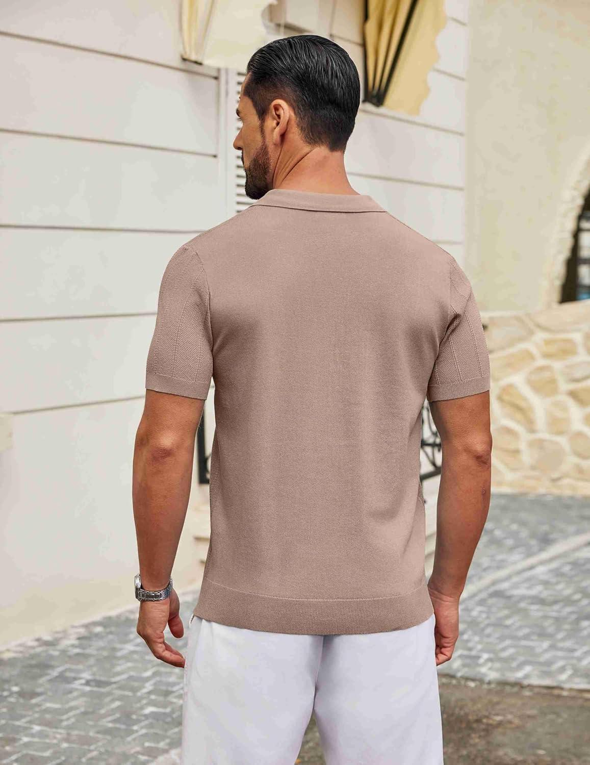 imageCOOFANDY Mens Knit Polo Shirts V Neck Short Sleeve Ribbed Textured Polo Shirt Stretch Casual Golf Shirts Collared T ShirtKhaki