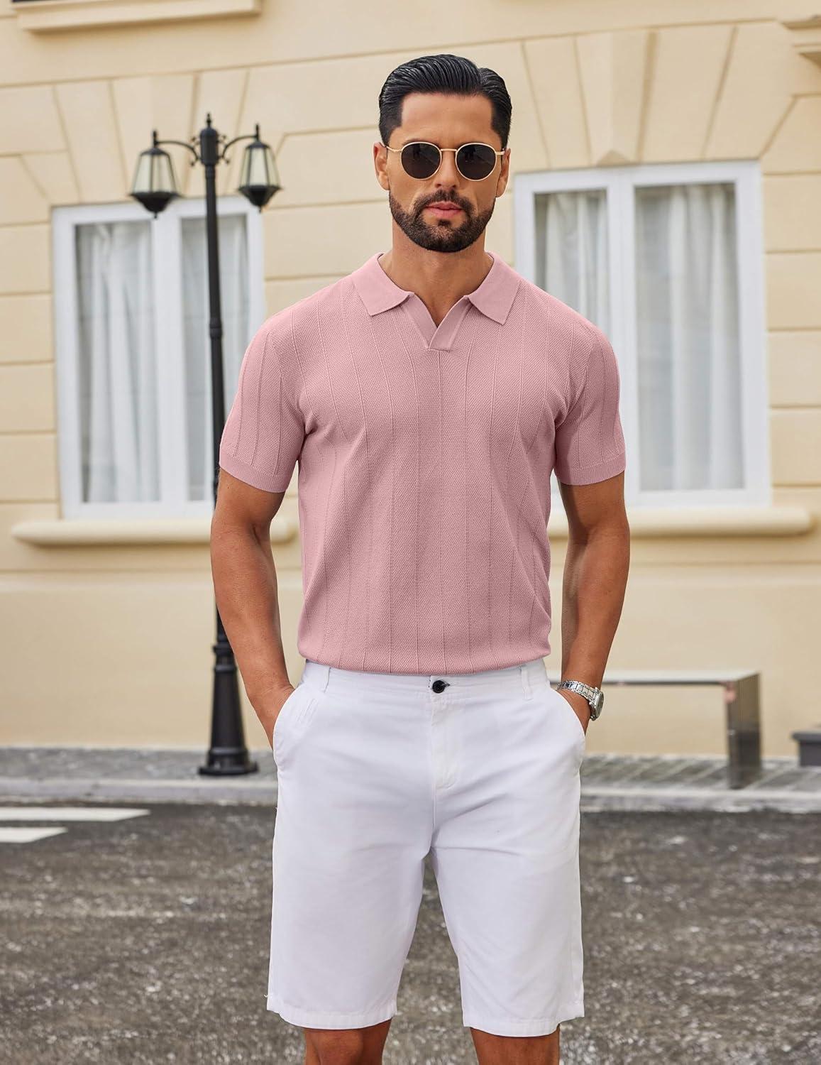 imageCOOFANDY Mens Knit Polo Shirts V Neck Short Sleeve Ribbed Textured Polo Shirt Stretch Casual Golf Shirts Collared T ShirtPink