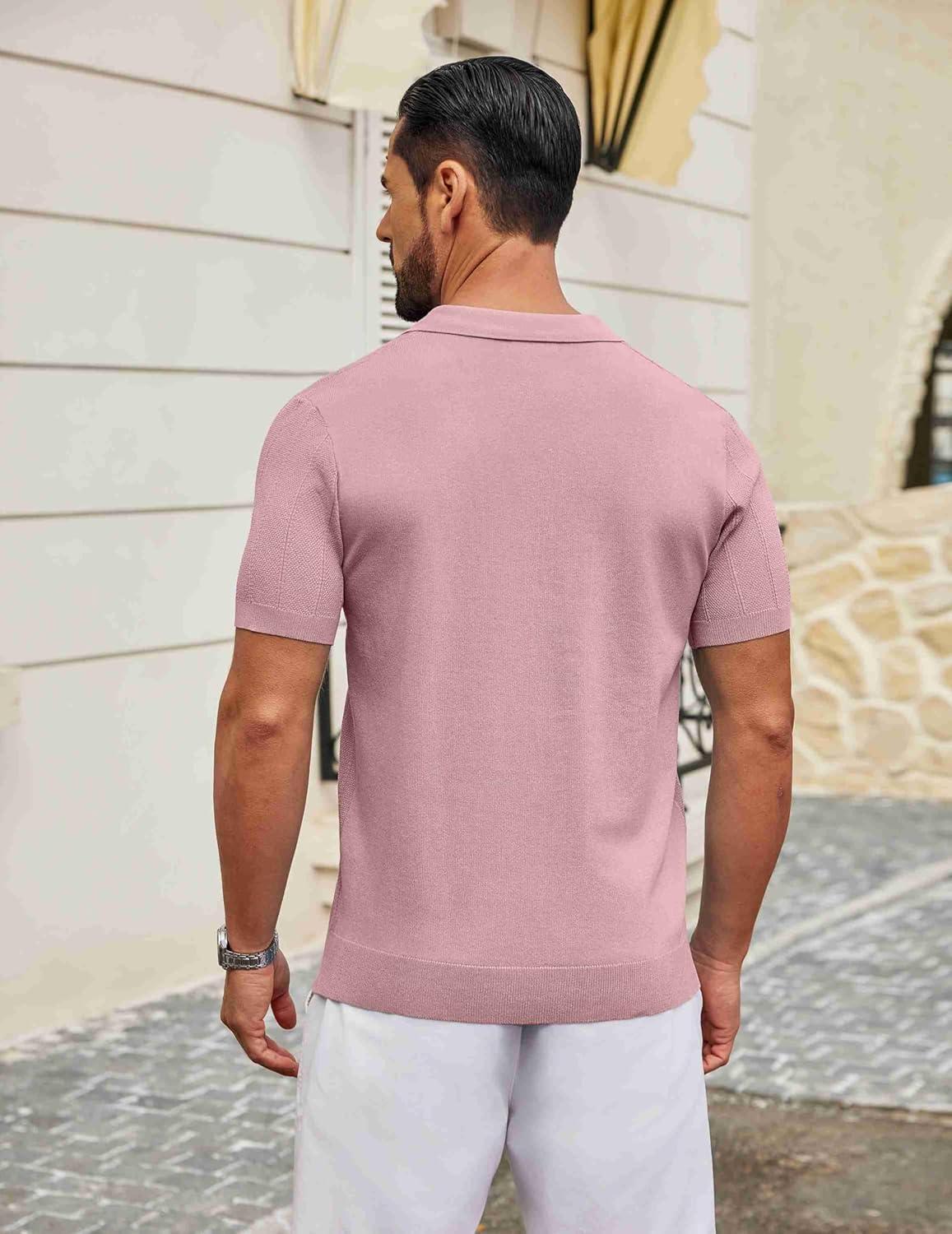 imageCOOFANDY Mens Knit Polo Shirts V Neck Short Sleeve Ribbed Textured Polo Shirt Stretch Casual Golf Shirts Collared T ShirtPink