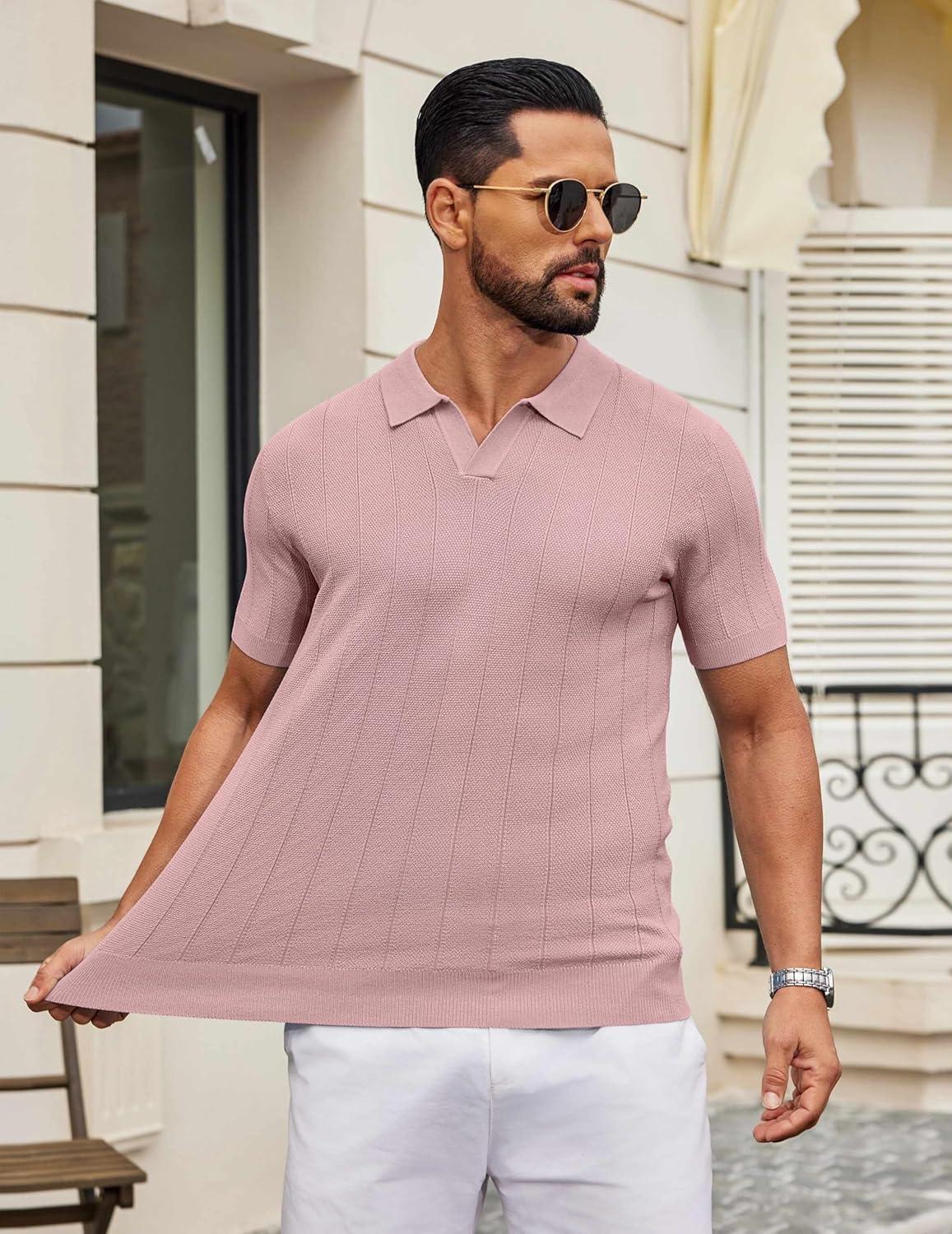 imageCOOFANDY Mens Knit Polo Shirts V Neck Short Sleeve Ribbed Textured Polo Shirt Stretch Casual Golf Shirts Collared T ShirtPink