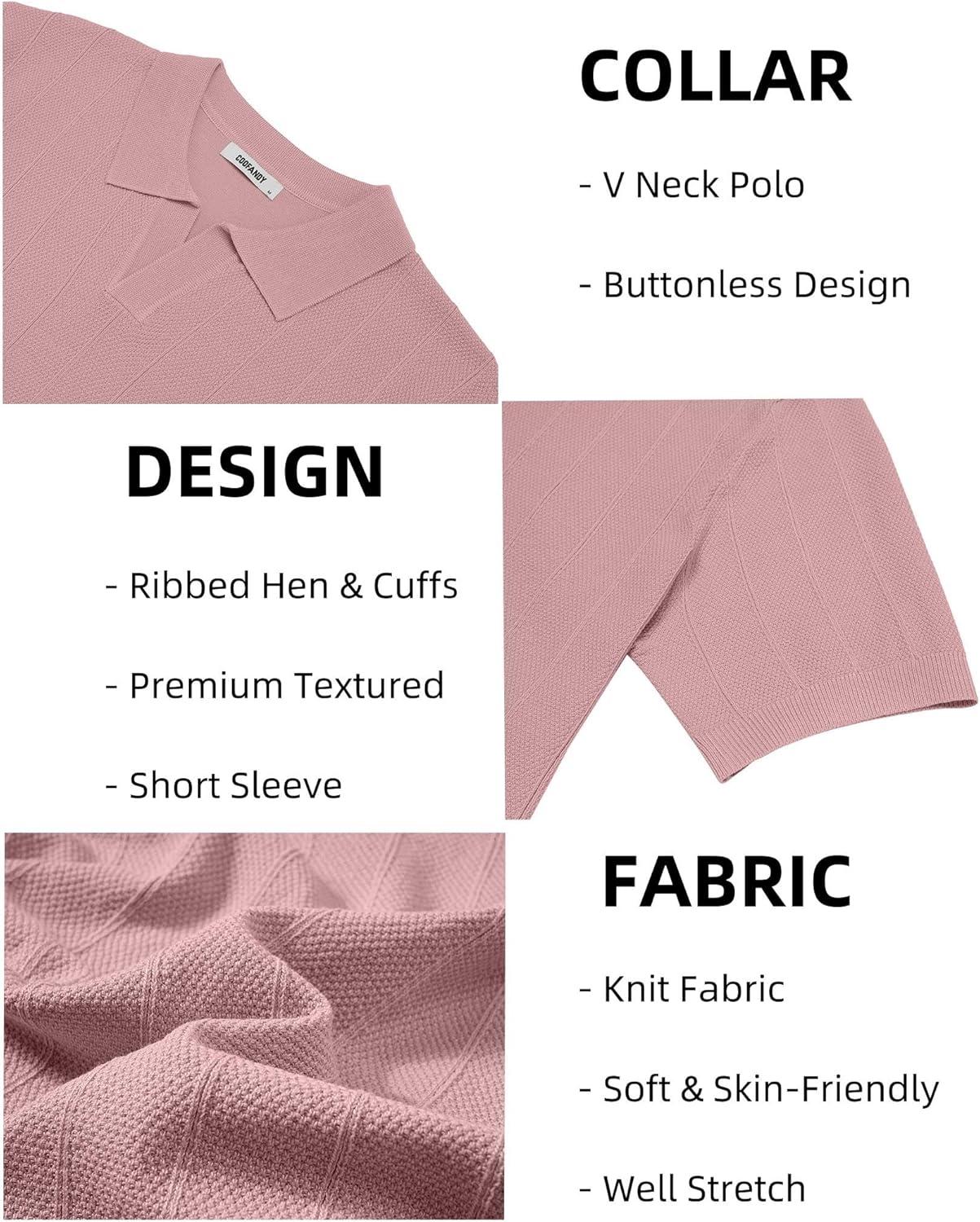 imageCOOFANDY Mens Knit Polo Shirts V Neck Short Sleeve Ribbed Textured Polo Shirt Stretch Casual Golf Shirts Collared T ShirtPink