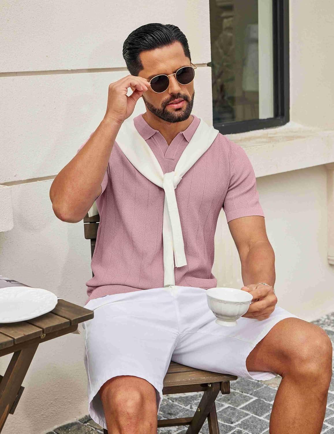 imageCOOFANDY Mens Knit Polo Shirts V Neck Short Sleeve Ribbed Textured Polo Shirt Stretch Casual Golf Shirts Collared T ShirtPink