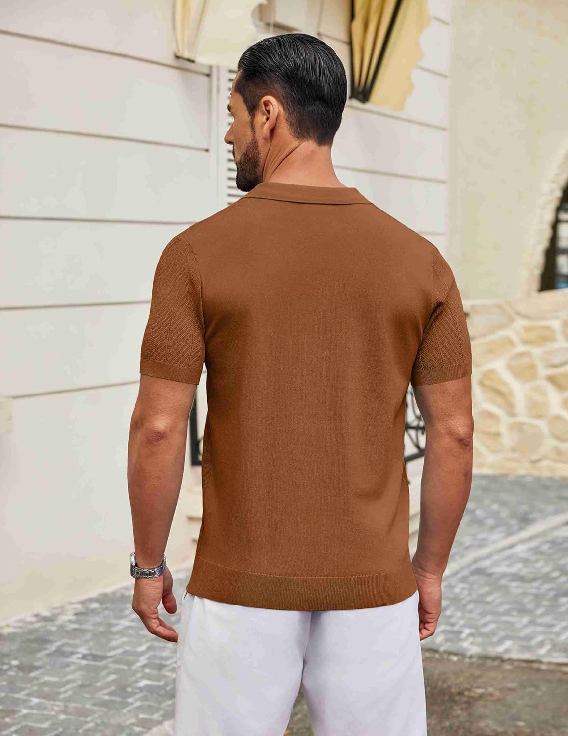 imageCOOFANDY Mens Knit Polo Shirts V Neck Short Sleeve Ribbed Textured Polo Shirt Stretch Casual Golf Shirts Collared T ShirtReddish Brown