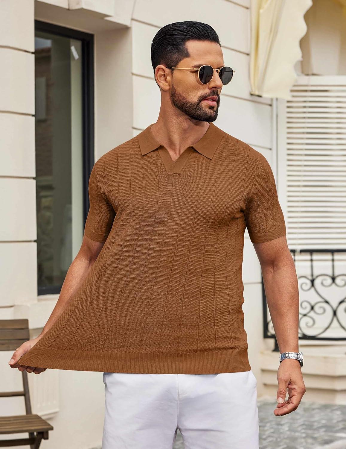 imageCOOFANDY Mens Knit Polo Shirts V Neck Short Sleeve Ribbed Textured Polo Shirt Stretch Casual Golf Shirts Collared T ShirtReddish Brown