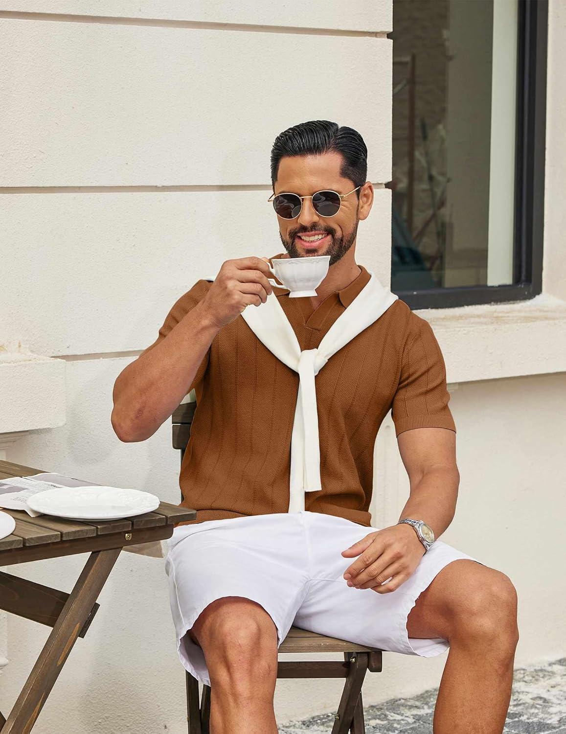 imageCOOFANDY Mens Knit Polo Shirts V Neck Short Sleeve Ribbed Textured Polo Shirt Stretch Casual Golf Shirts Collared T ShirtReddish Brown