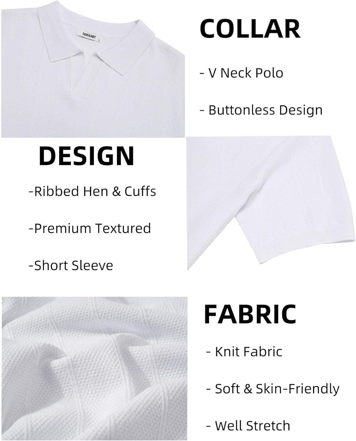 imageCOOFANDY Mens Knit Polo Shirts V Neck Short Sleeve Ribbed Textured Polo Shirt Stretch Casual Golf Shirts Collared T ShirtWhite