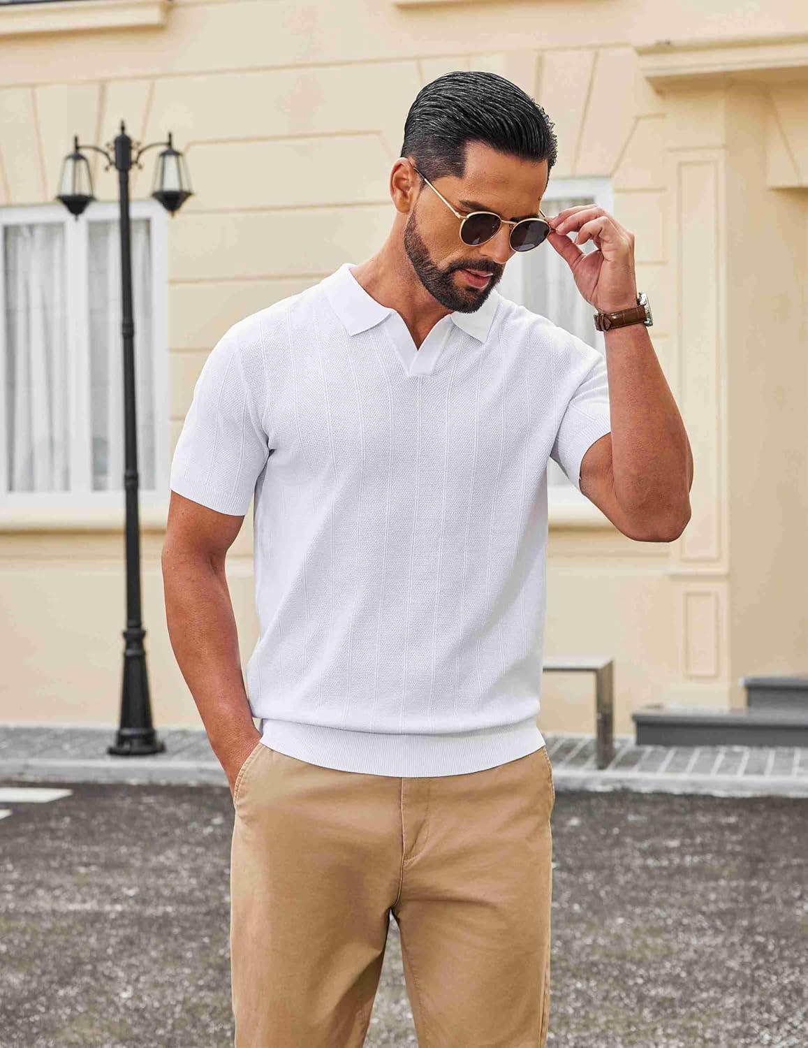imageCOOFANDY Mens Knit Polo Shirts V Neck Short Sleeve Ribbed Textured Polo Shirt Stretch Casual Golf Shirts Collared T ShirtWhite