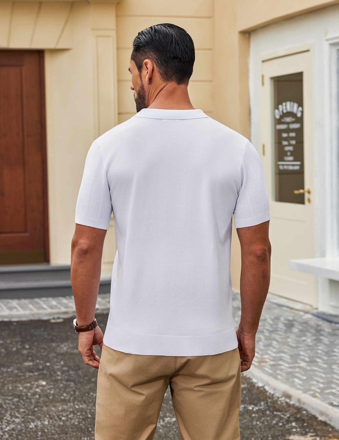 imageCOOFANDY Mens Knit Polo Shirts V Neck Short Sleeve Ribbed Textured Polo Shirt Stretch Casual Golf Shirts Collared T ShirtWhite