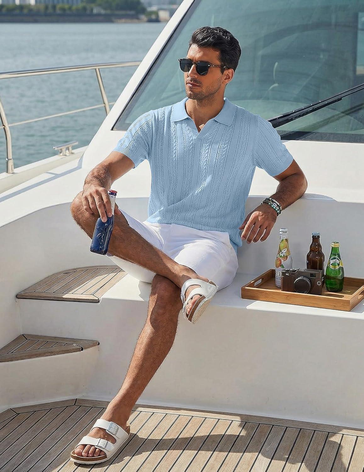 imageCOOFANDY Mens Knitted VNeck Polo Shirt Short Sleeve Textured Casual Summer Golf ShirtsLight Blue