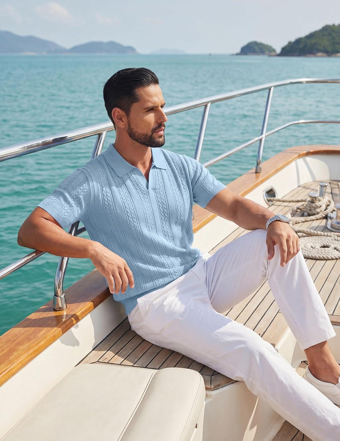 imageCOOFANDY Mens Knitted VNeck Polo Shirt Short Sleeve Textured Casual Summer Golf ShirtsLight Blue