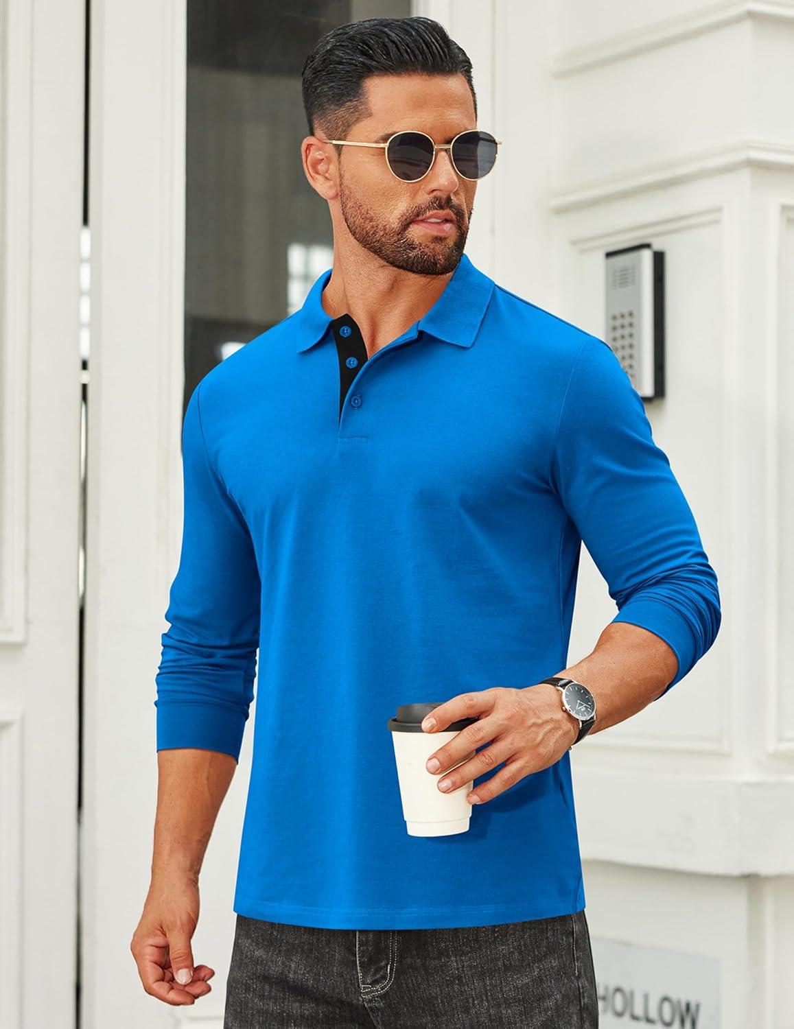 imageCOOFANDY Mens Long Sleeve Polo Shirts Cotton Collared Shirts Casual Business Polo Classic Golf T ShirtsBlue