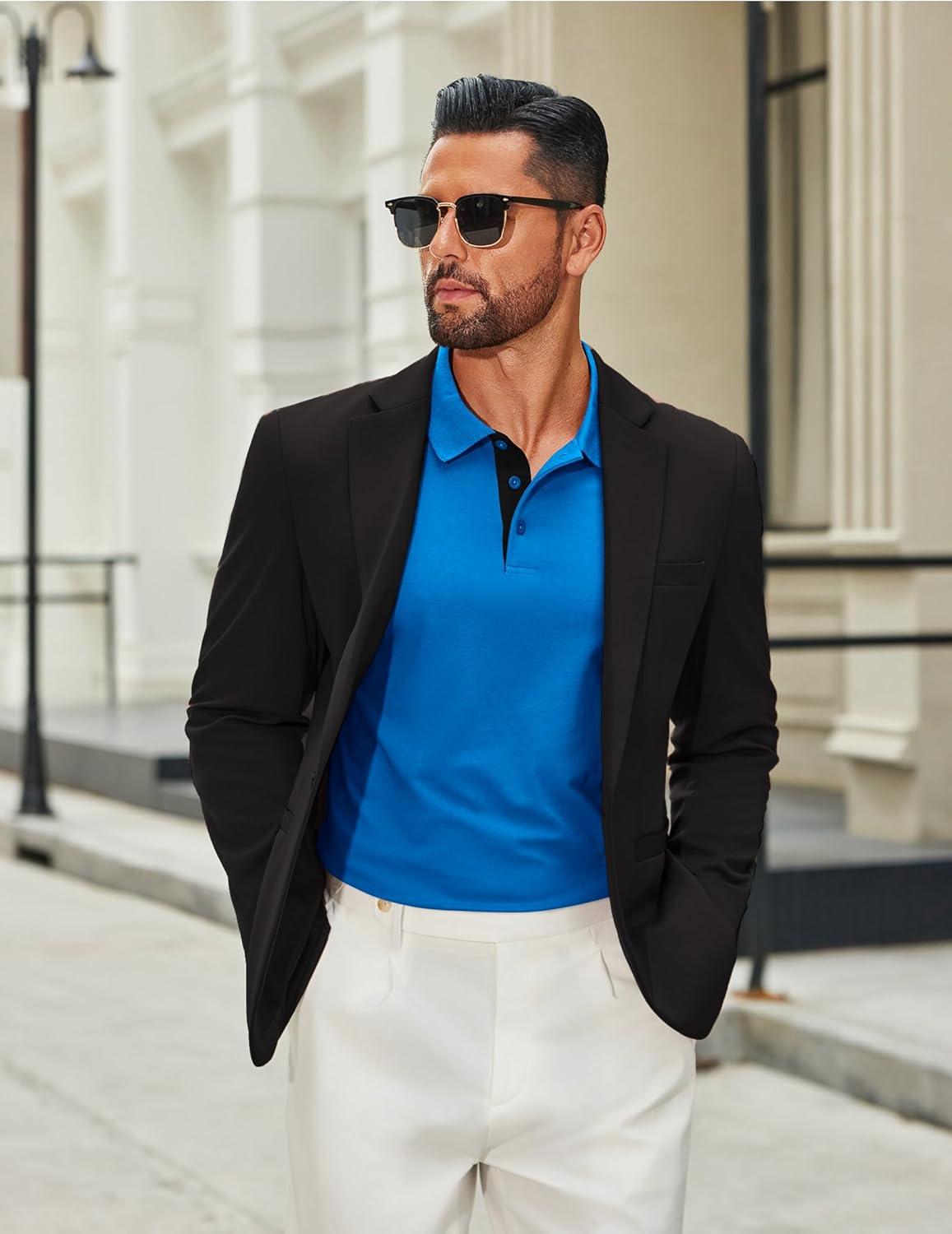 imageCOOFANDY Mens Long Sleeve Polo Shirts Cotton Collared Shirts Casual Business Polo Classic Golf T ShirtsBlue