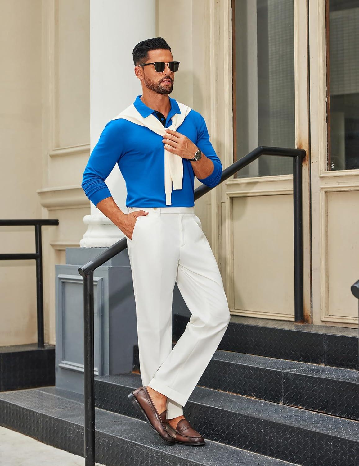 imageCOOFANDY Mens Long Sleeve Polo Shirts Cotton Collared Shirts Casual Business Polo Classic Golf T ShirtsBlue