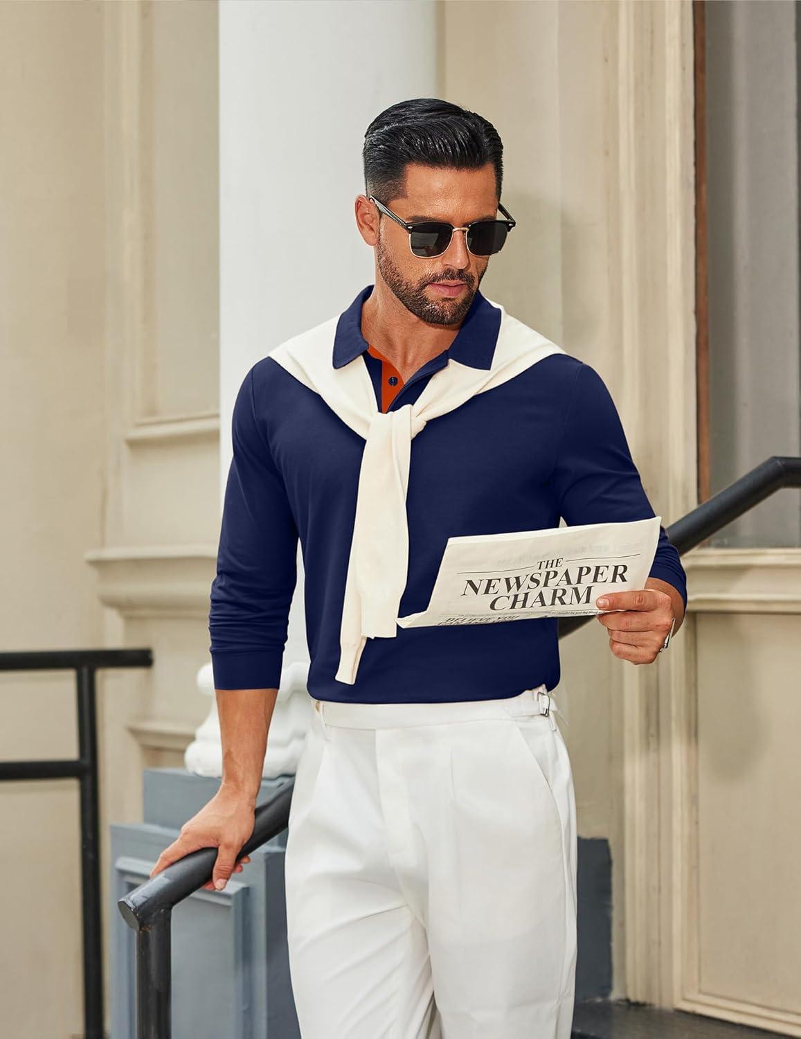 imageCOOFANDY Mens Long Sleeve Polo Shirts Cotton Collared Shirts Casual Business Polo Classic Golf T ShirtsDark Blue