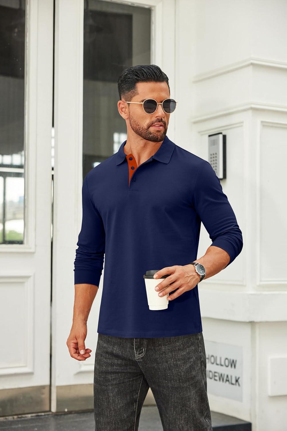 imageCOOFANDY Mens Long Sleeve Polo Shirts Cotton Collared Shirts Casual Business Polo Classic Golf T ShirtsDark Blue