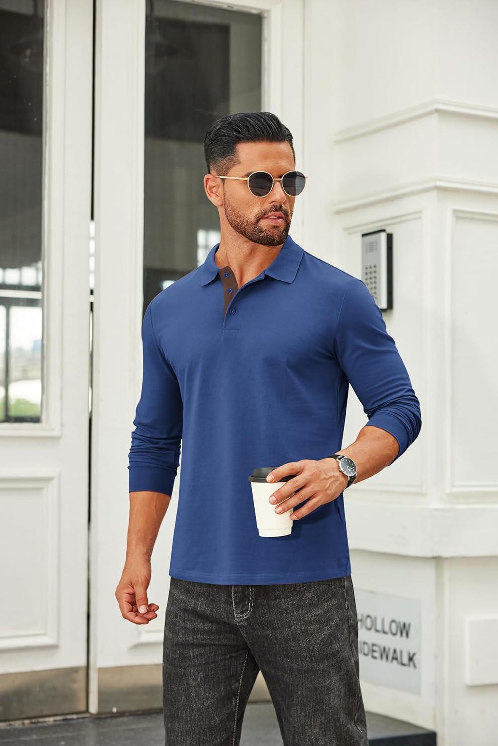 imageCOOFANDY Mens Long Sleeve Polo Shirts Cotton Collared Shirts Casual Business Polo Classic Golf T ShirtsLight Blue